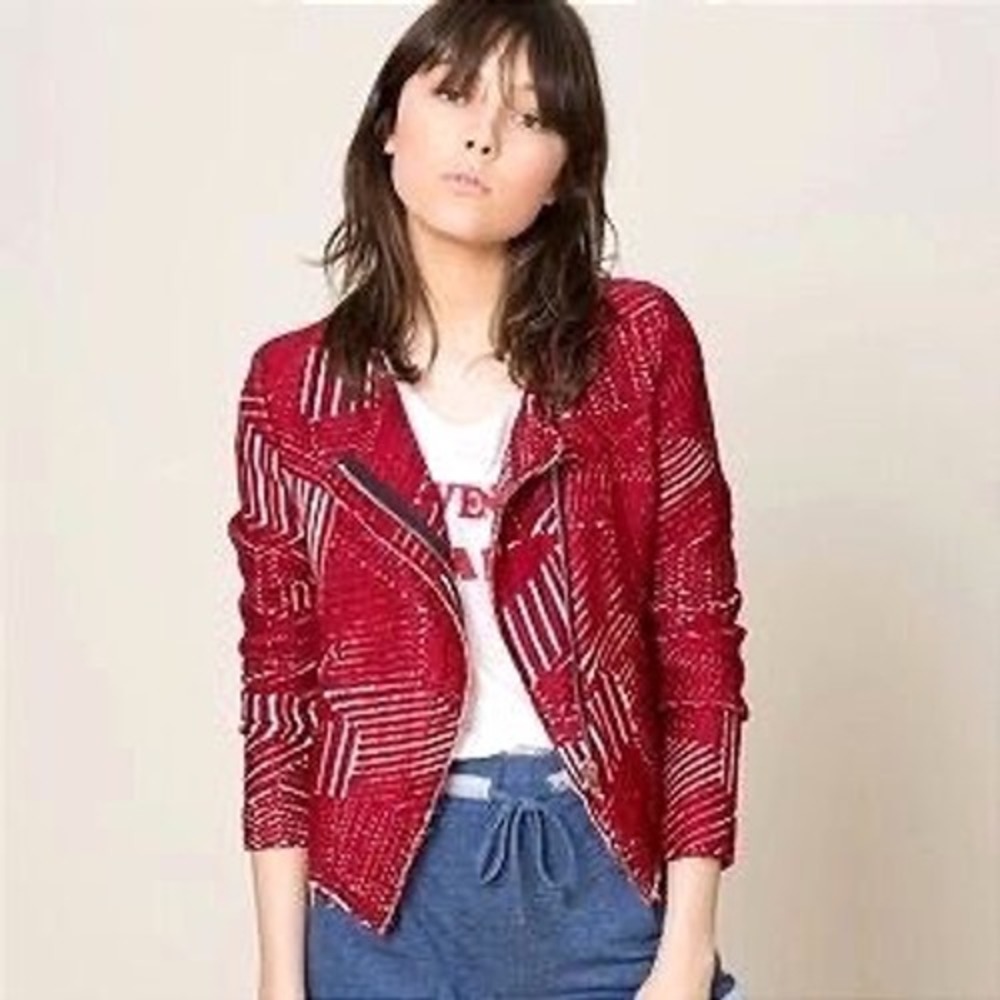 IRO‎ Mepsie Jacquard Moto Jacket Red Gold Metallic FR 38 (US 6) Asymmetric EUC
